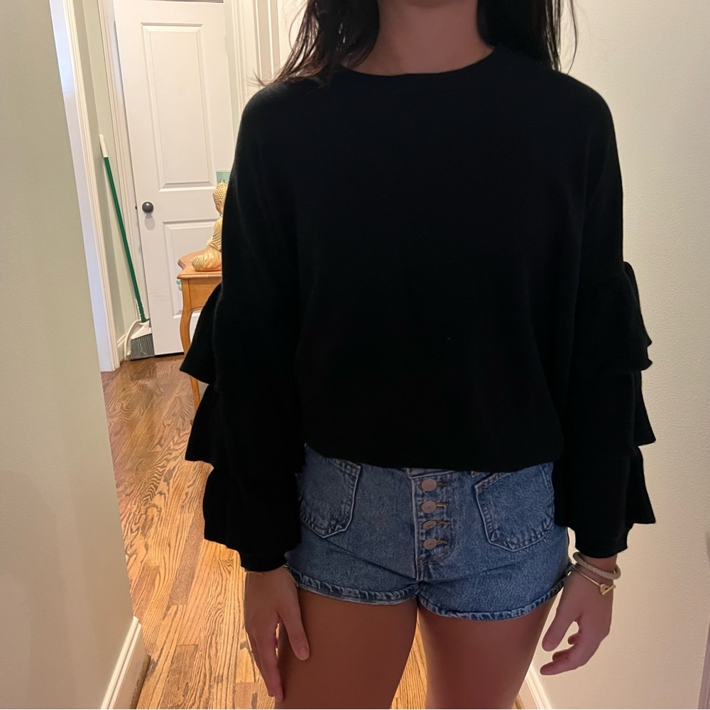 JOHN + JENN BLACK RUFFLE SLEEVE SWEATER